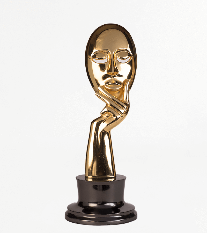 Corporate awards and trophies in stainless steel, brass, and aluminium finishes displayed elegantly.